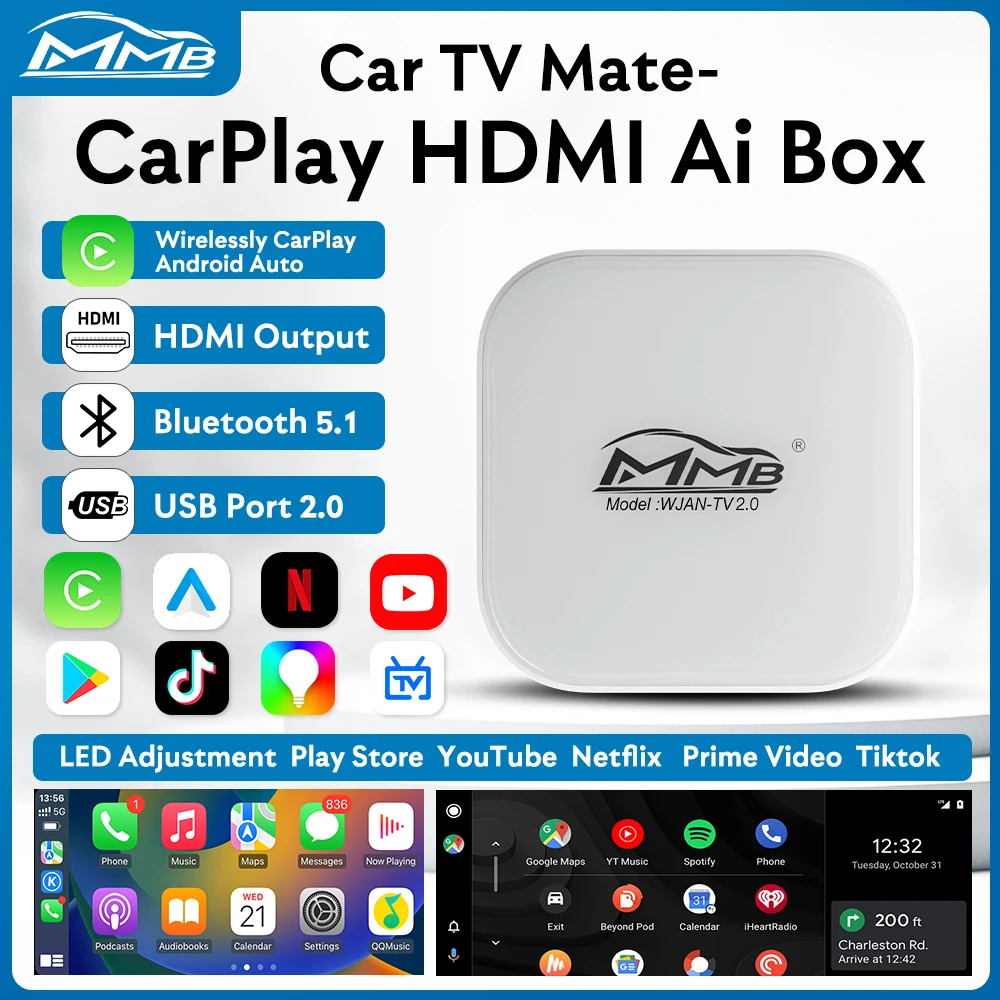 MMB CarPlay TV 2.0 Box Android 12 OS Wired to Wireless Android Auto LED Adapter 4G+32G BT5.1 YouTube&Netflix Google Play Store 