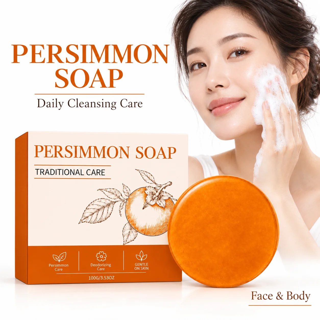 Persimmon Soap Deodorizing Body Bar Natural Odor Care Gentle Face Body Cleansing Fresh Skin Soap for Men Women