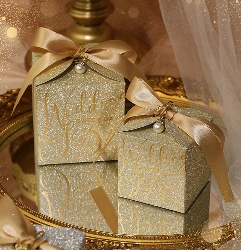 Caja de dulces de boda, cajas de papel de regalo con cintas, bolsas de embalaje con purpurina de perlas, exquisitos favores de boda para invitados