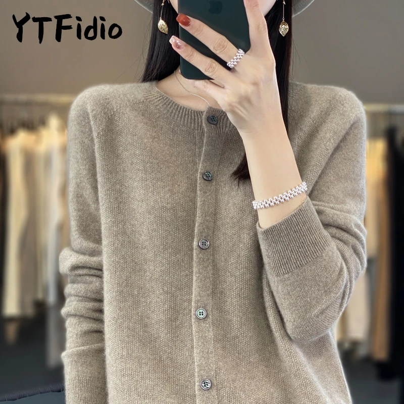 

YTFidio 100% Wool Women O-neck Buttoned Solid Cardigan Causal Coats Solid Outerwears Warm Knitwear Tops Sweater 86