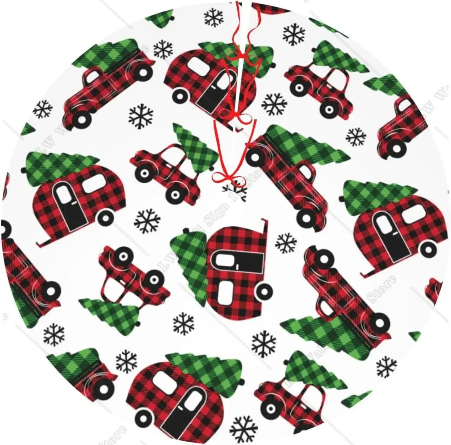 Retro Red Truck Camp Check Snow Tree Green White Christmas Tree Skirt Mat Party Decor Supplies for Xmas Halloween Decorations