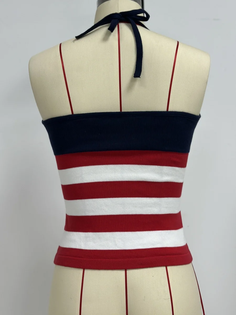 7 月 4 日ストライプスターコントラストニットキャミソール女性のスリムフィットスパゲッティストラップホルタータイアップクロップトップ Y2K コケットタンクトップ