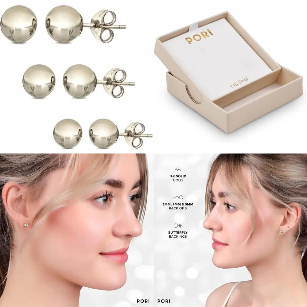 

Набор из 3 серег-гвоздиков с золотыми шариками диаметром 3 мм, 4 мм и 5 мм — выберите свой цвет, долговечные украшения