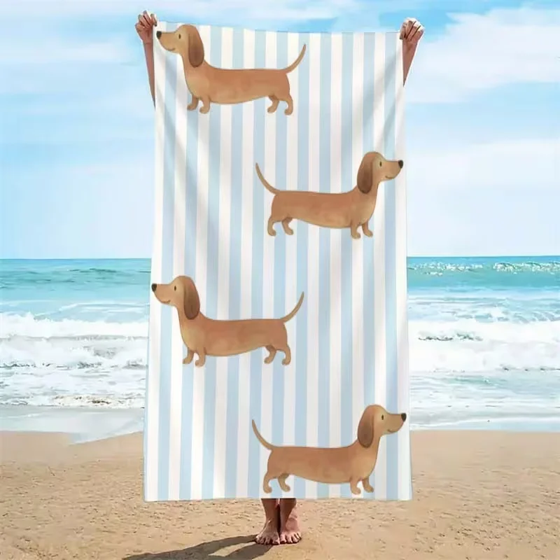 Light Blue Stripe Dachshund Dog Beach Towel Cute Pet Sausage Dog Print Quick Dry Absorbent Towel for Beach Summer