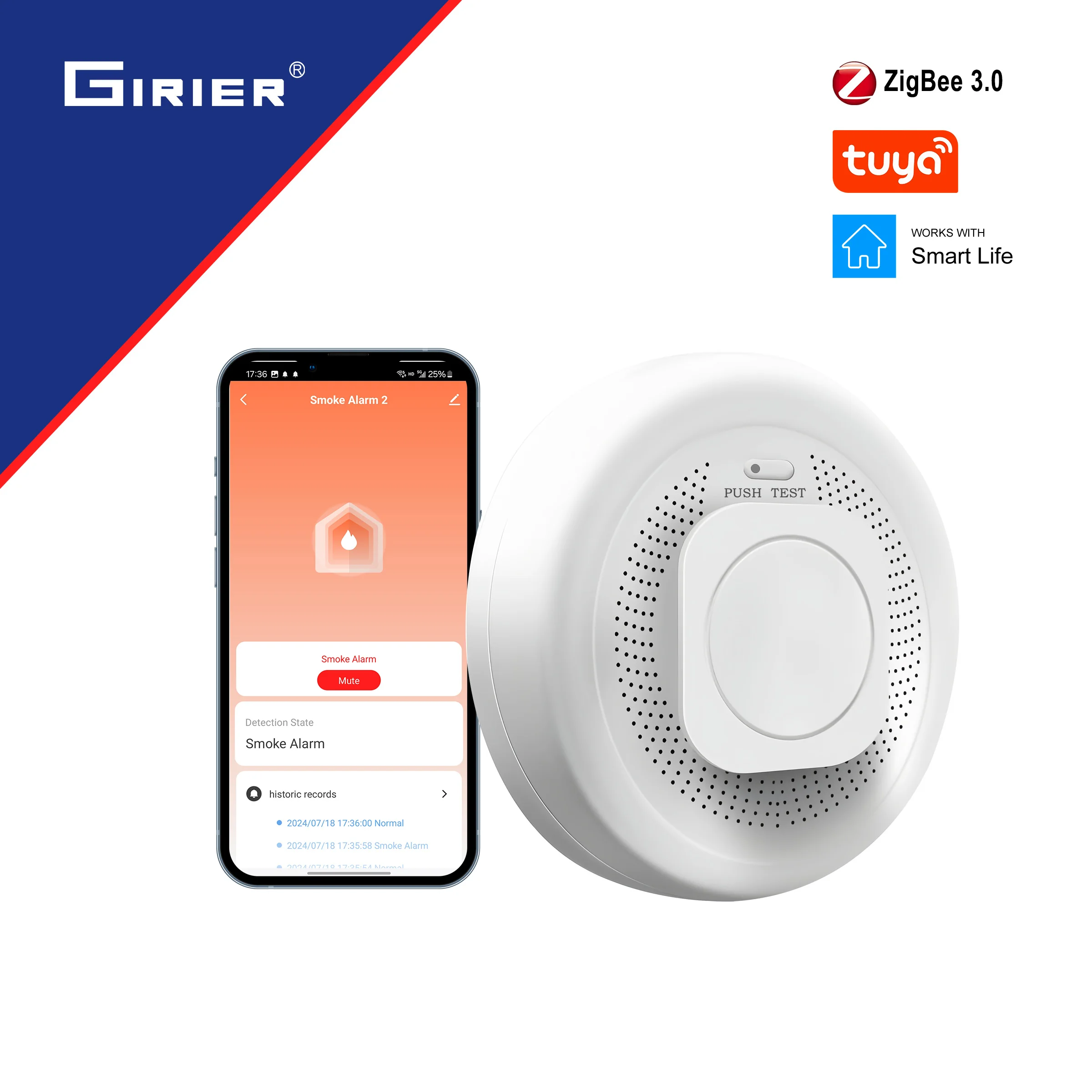 GIRIER ZigBee Smoke Detector Smart Fire Alarm Sensor Battery Powered with APP Instant Notification 85dB Alerts for Home Security