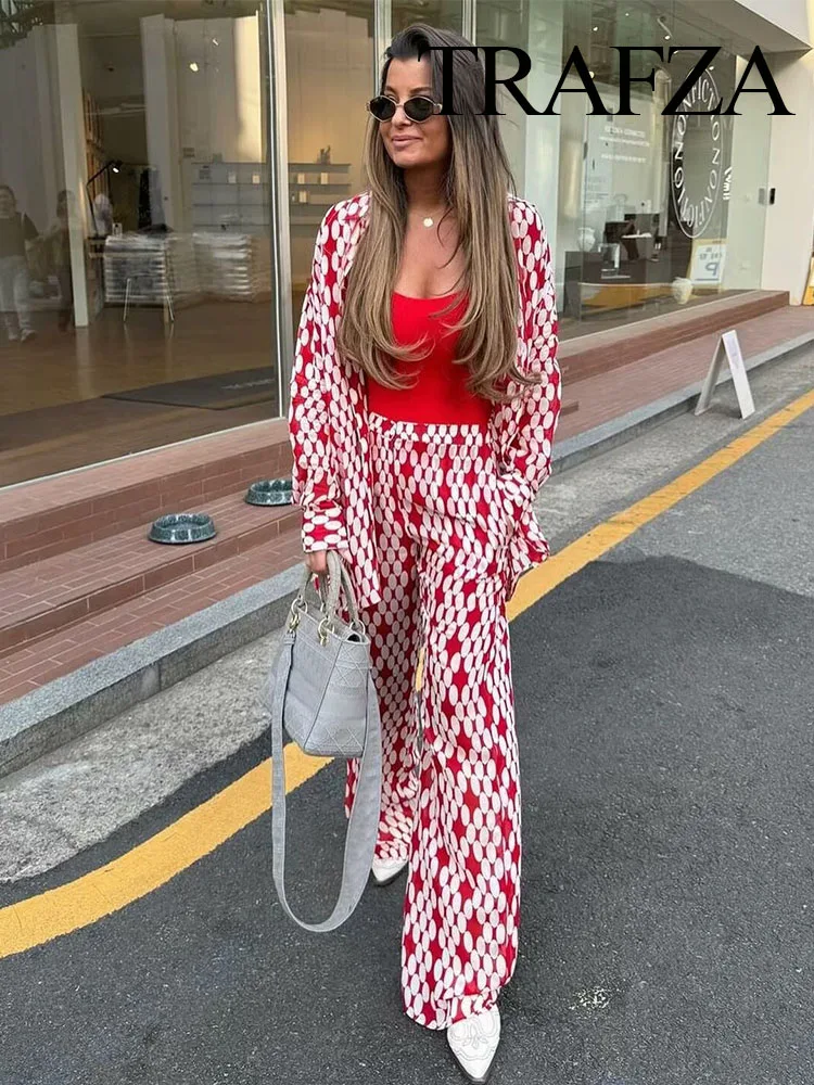 TRAFZA Women 2 Piece Set Chic Dots Print Single Breasted Lapel Long Sleeves Casual Blouses Shirts+Side Zip Loose Wide Leg Pants