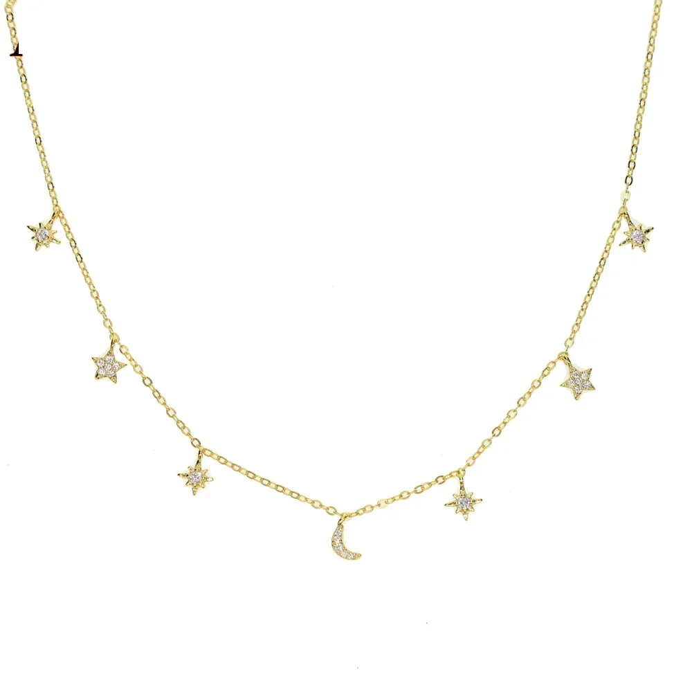 

NEW 100% 925 sterling Silver drop cz Star Moon Pendants multilayer choker delicate Necklaces jewelry for women wedding gift