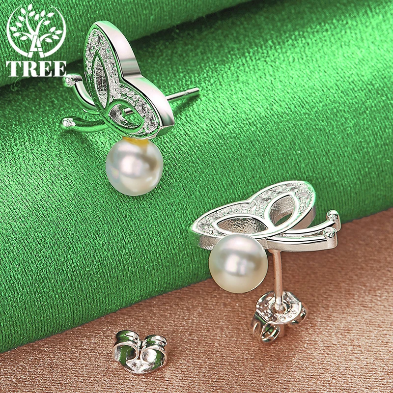 ALITREE 925 Sterling Silver Butterfly Pearl Stud Earrings For Women Earring Fashion Party Birthday Engagement Wedding Jewelry