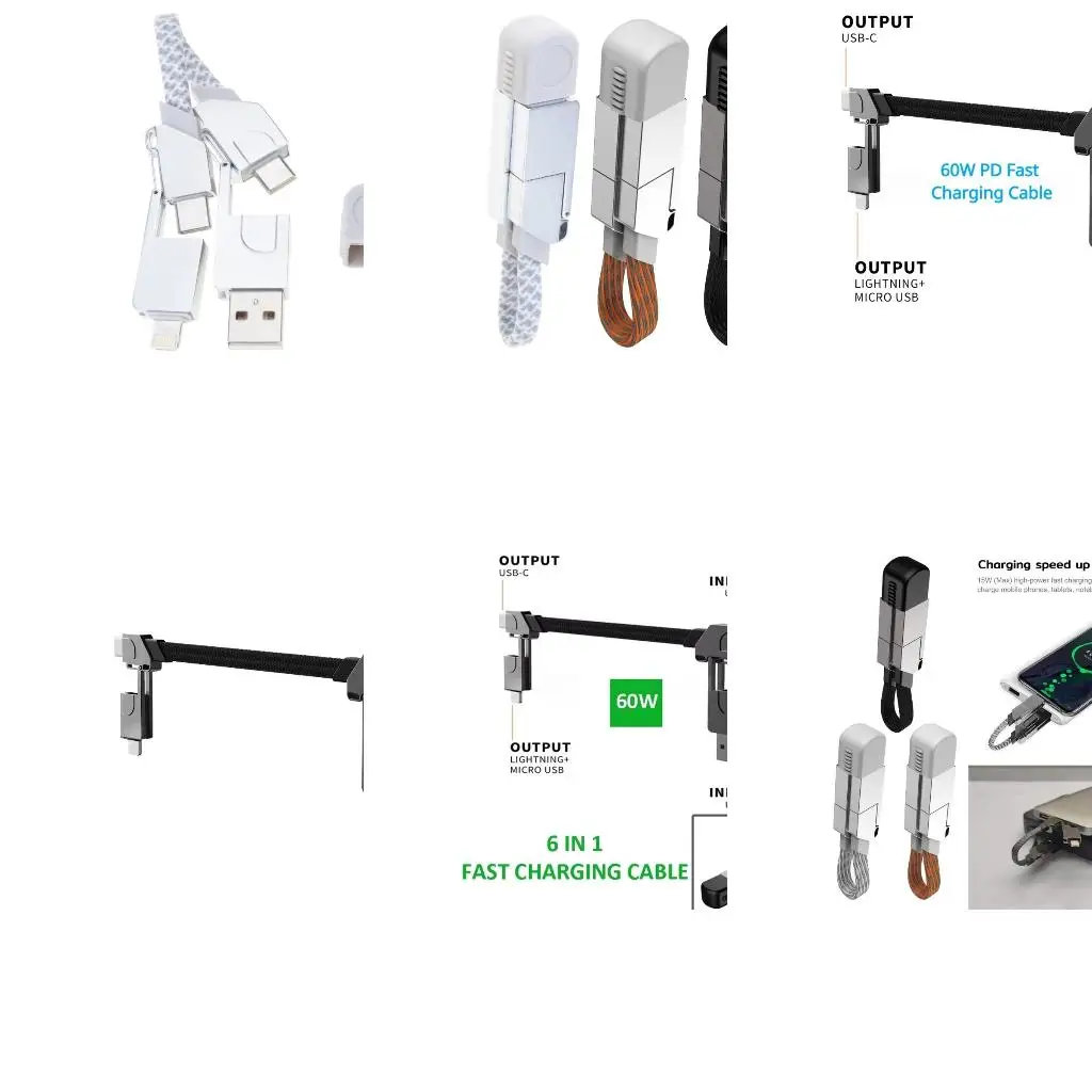 6 In 1 Multi Fast Charging Cable Keychain Pd For Apple Iphone Lightning Andriod Type-C 60W Qc 18W Fast Charging Data Cable