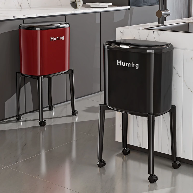 

Nobending trash can for home kitchen light luxury and high aesthetic value high-legged with wheels, movable press-type waste bin