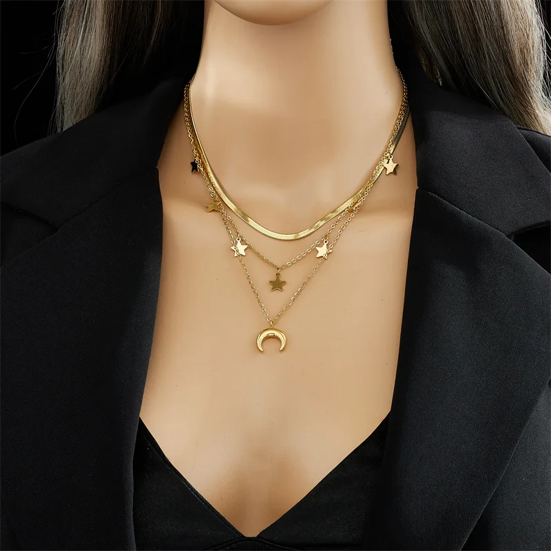 OIMG 316L Stainless Steel Gold Plated Multilayer Chain Moon Star Tassel Pendant Long Necklace For Women Party Jewelry Waterproof