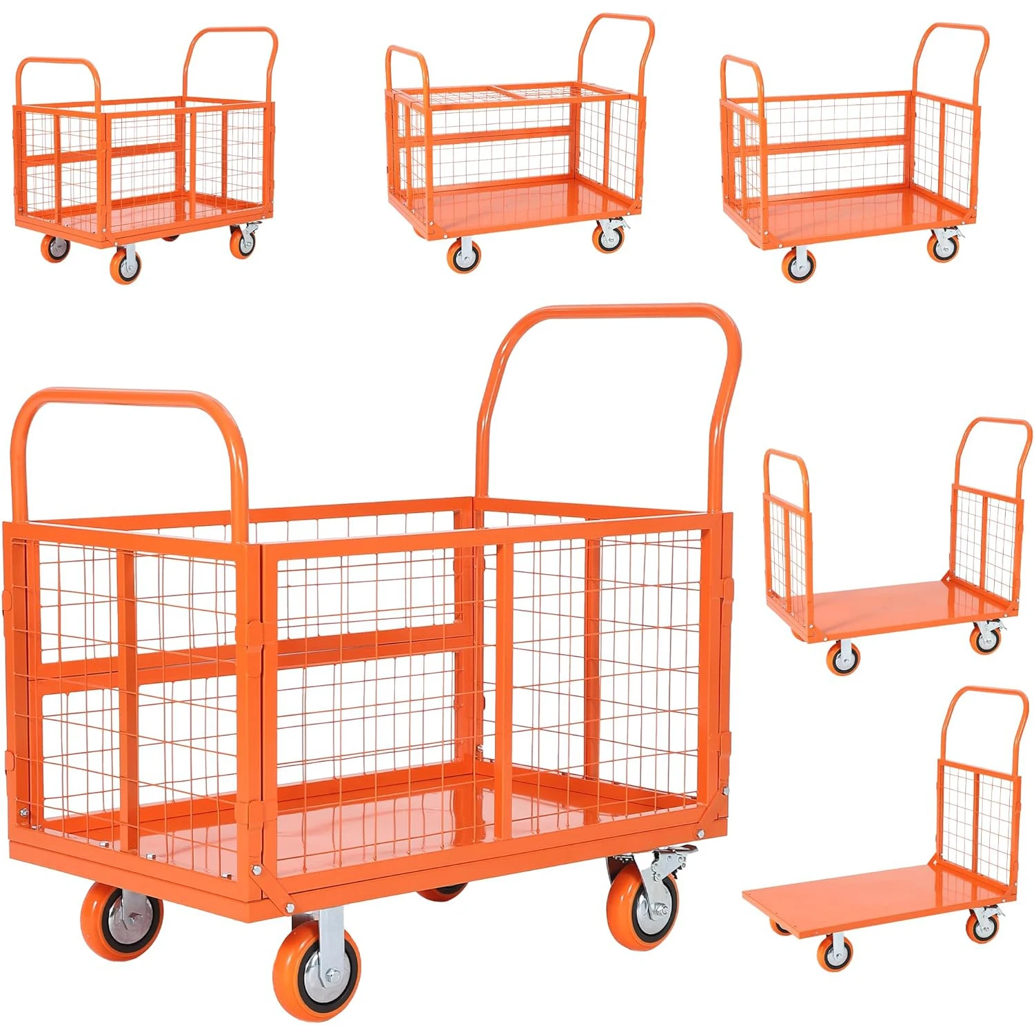 

Platform Truck Cart with Cage, 6-in-1 Multi-Purpose Flatbed Cart, Foldable Hand Truck Load 1800 LBS with 4 Wheels Push Cart Dolly for Grocery, Laundry, Garage, Warehouse, Orange