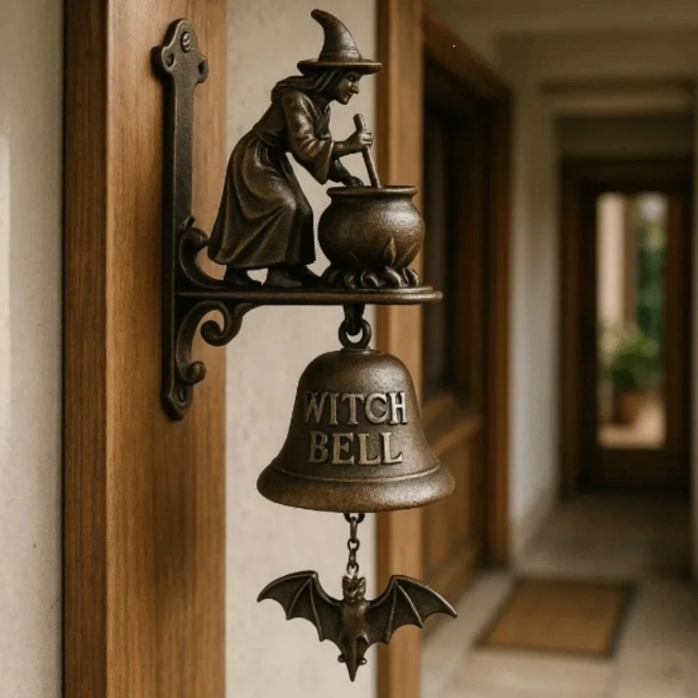 Vintage Halloween Witch Doorbell Sounding Wall-mounted Witch Wind Chimes Copper-colored Alloy Witch Hanging Ornament Bar
