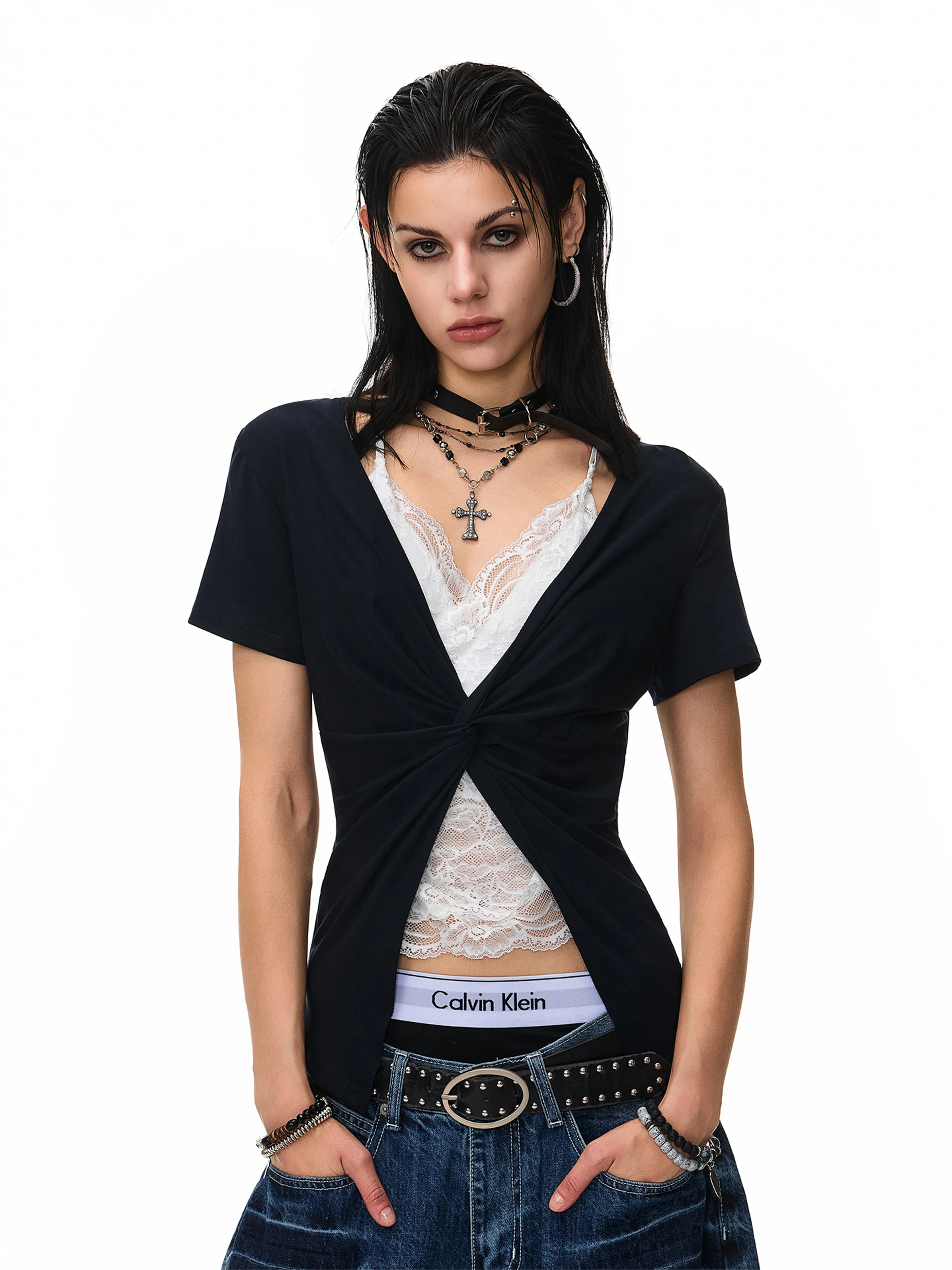 American Style Lazy Pure Desire Lace V Neck Short Sleeve Splice Design Slimming Effect Fake Two-Piece Top Women's T-shirt