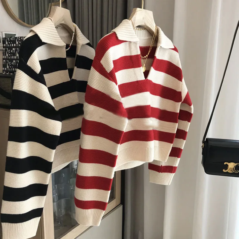 

Striped POLO Collar Sweater Women's Autumn and Winter New Korean Version Loose and Lazy Style Short Pullover Knitted Sweater