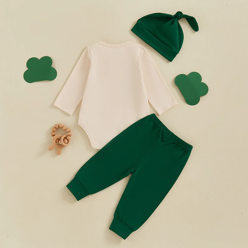 

St Patrick s Day Baby Boys Green Shamrock Print Round Neck Long Sleeve Rompers Long Pants Hat 3Pcs Outfit Set for Ireland