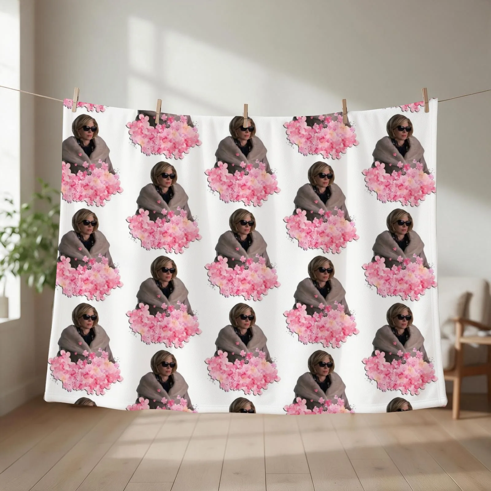 Christine Baranski Pink Floral Throw Blanket couch cozy soft plush fuzzy picnic outdoor blanket