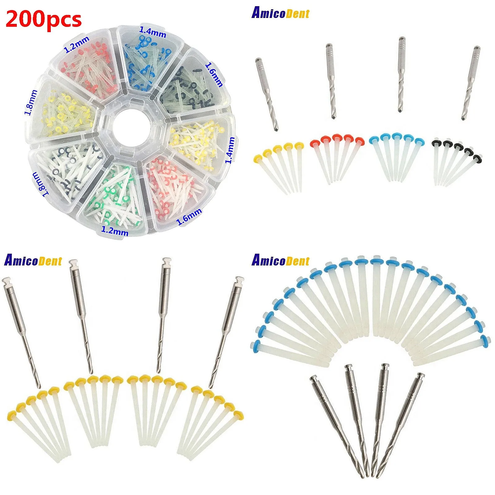 Custom Dentals Fibers Posts Screw Quartz 200pcs Mixed or Single Size 1.0 1.2 1.4 1.6mm White Clear
