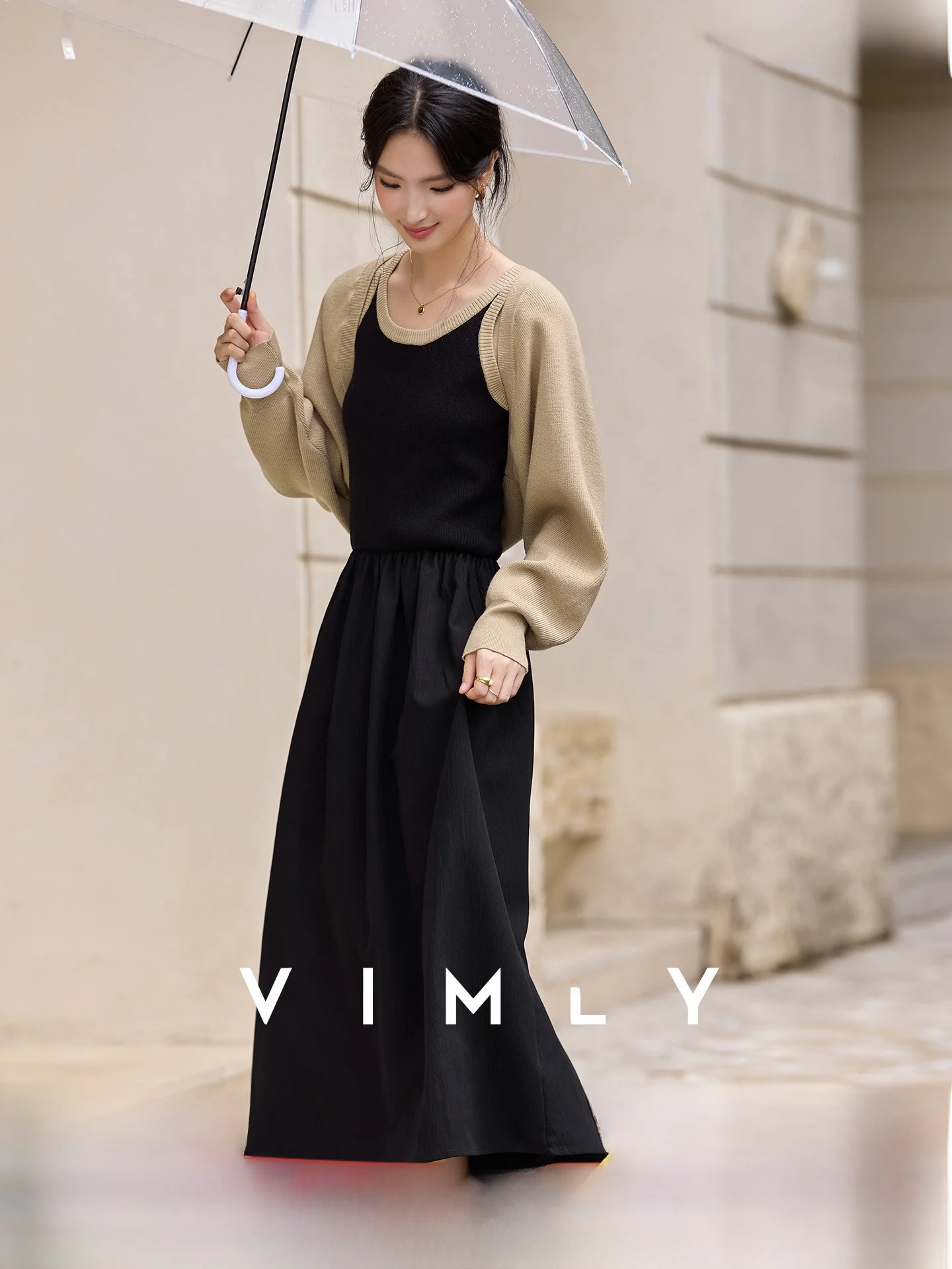 

Fashionable Casual Khaki Vest Dress Set Women's 2025 New Style Shoulder Coat Slim Fit Dress Two Piece Set round Neck Long Sleeve