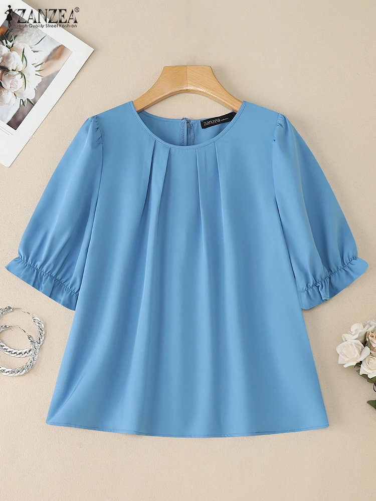 ZANZEA Camicette da donna 2025 Estate Casual Pieghettato O-Collo Mezza manica a sbuffo Blusas Mujer Elegante lavoro d'ufficio Pendolarismo Solid Top
