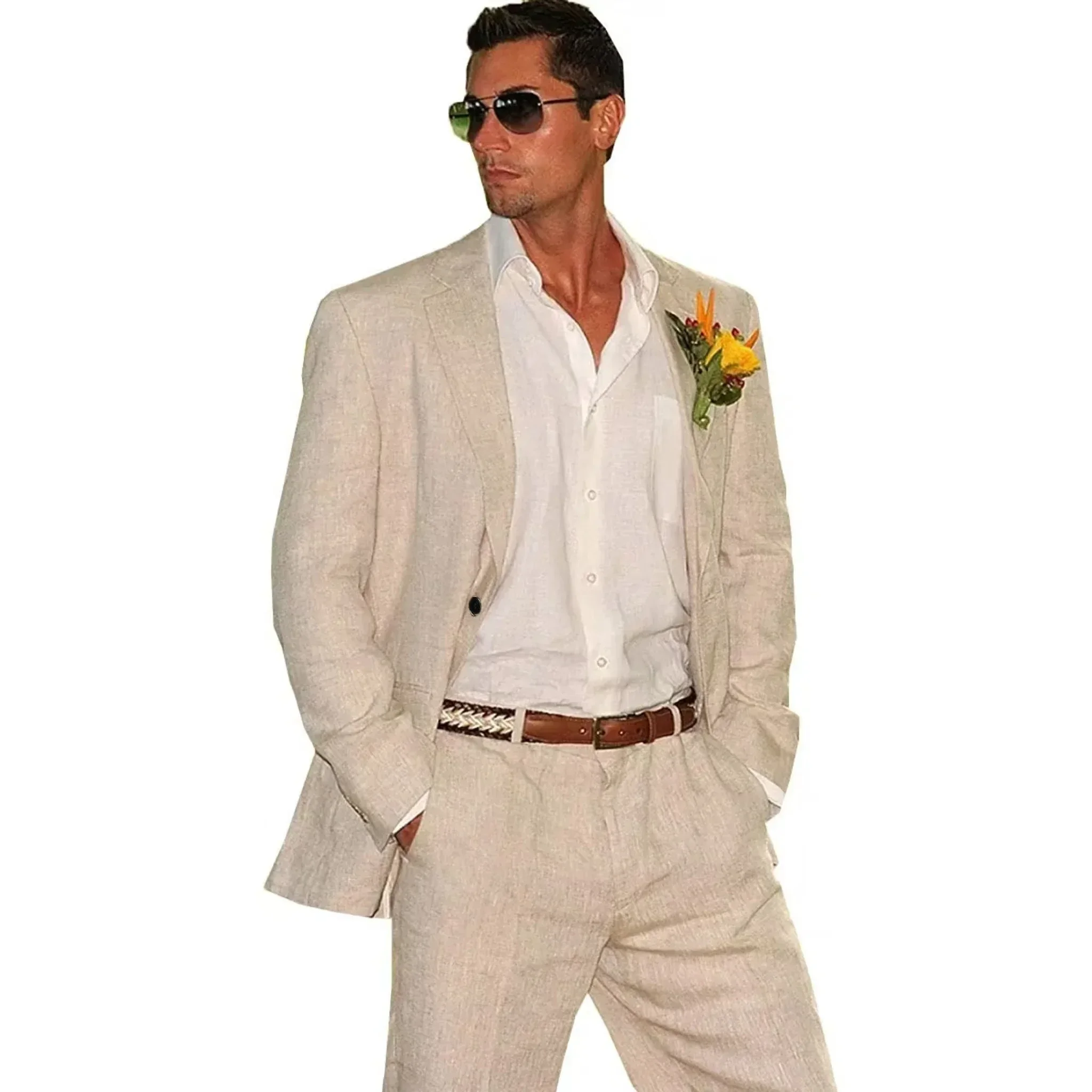 

Men's Slim Fit Linen Suit 2-Piece Blazer Pant Set Casual Lightweight Beach Wedding Outfit Regular Fit Summer Party Apparel