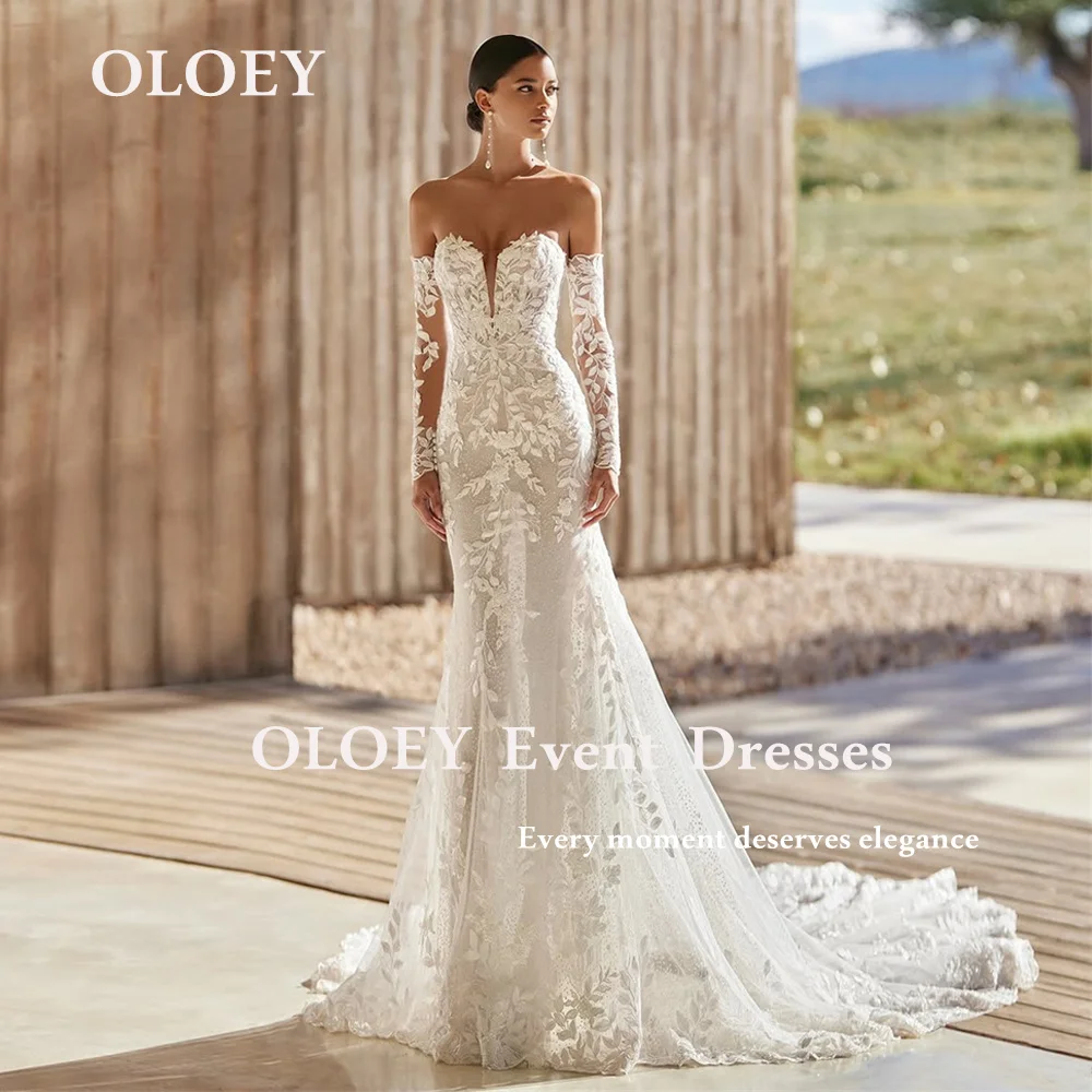 

OLOEY Luxury Ivory White Mermaid Wedding Dresses Sweetheart Neck Floor Length Bridal Gowns with Sleeves Zip Buttons Customized