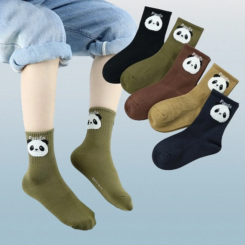 

5/10 Pairs High Quality Thick Cartoon Panda Middle Tube Socks Combed Cotton Boneless Children's Socks Student Socks