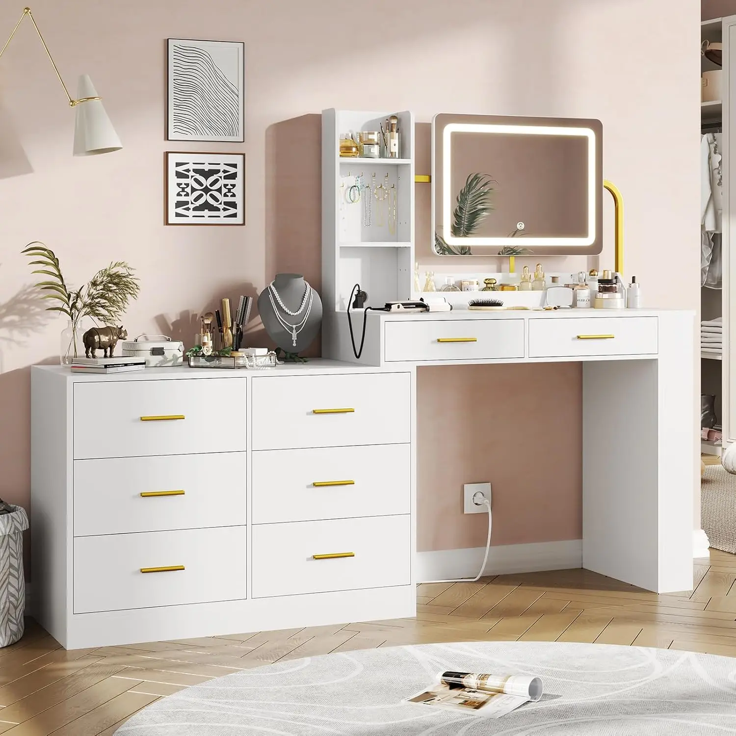 Vanity Desk w/ Mirror & Lights, White Makeup Dressing Vanity Table w/ Charging Station, 8 Drawers, 3 Tiers Tabletop Shelves