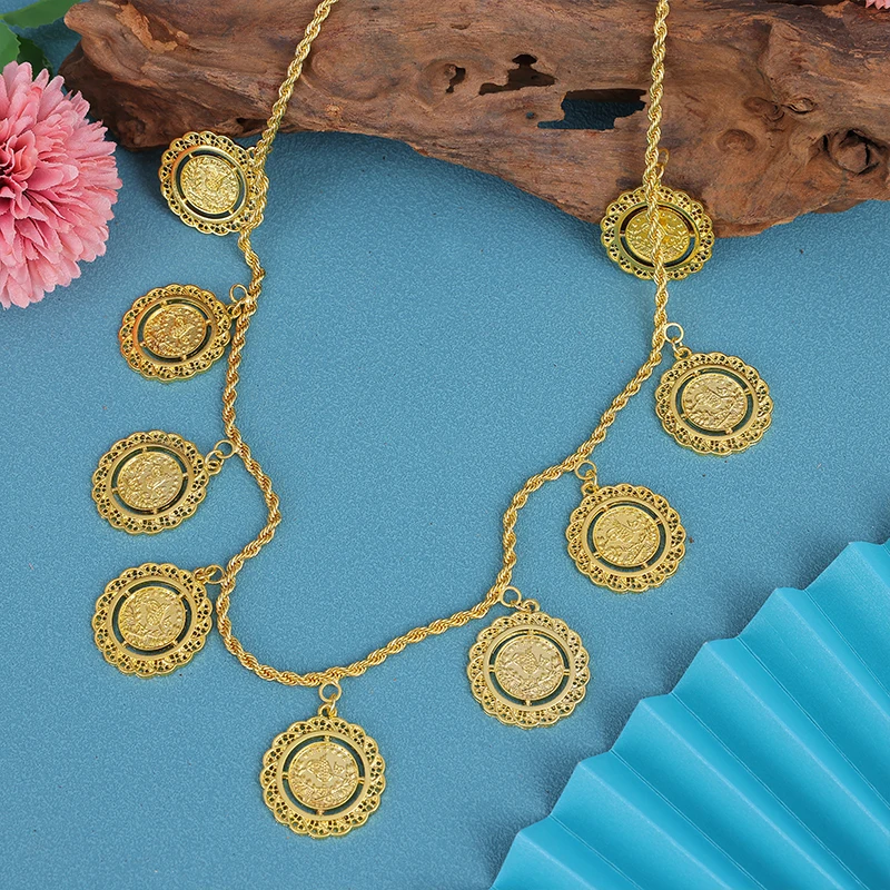 

Luxury Turkish Boy Girl Abaya Robe Necklace Platonic Coin Pendant Neck Chain Wedding Jewelry Gift For Algerian Bride