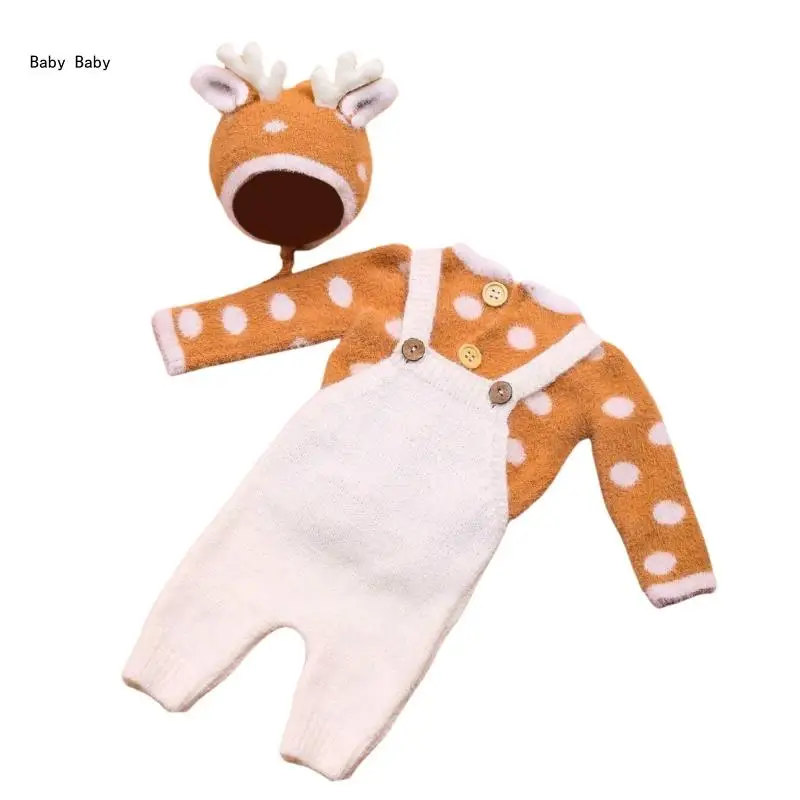 1 Set Newborns Deer Themed Photoshoots Apparel Breathable Fabric Long Sleeve Sweater Strap Pants & Matching Hat Props Q81A