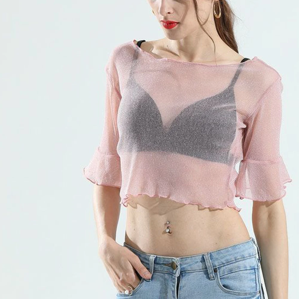 

Elastic Mesh Flare Sleeve Mini Short T Shirt Women Silver Shiny Bling Bling Transparent Shirts Top Girl Black Pink Female Blouse