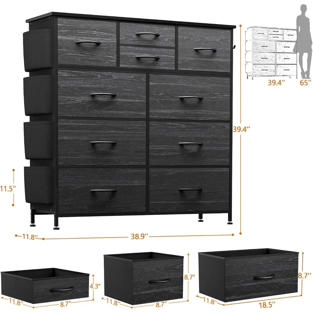 Dresser with 10 Drawers, Chest of Drawers with Side Pockets, Hooks, Wooden Top and Sturdy Metal Frame, Fabric Dressers Drawers