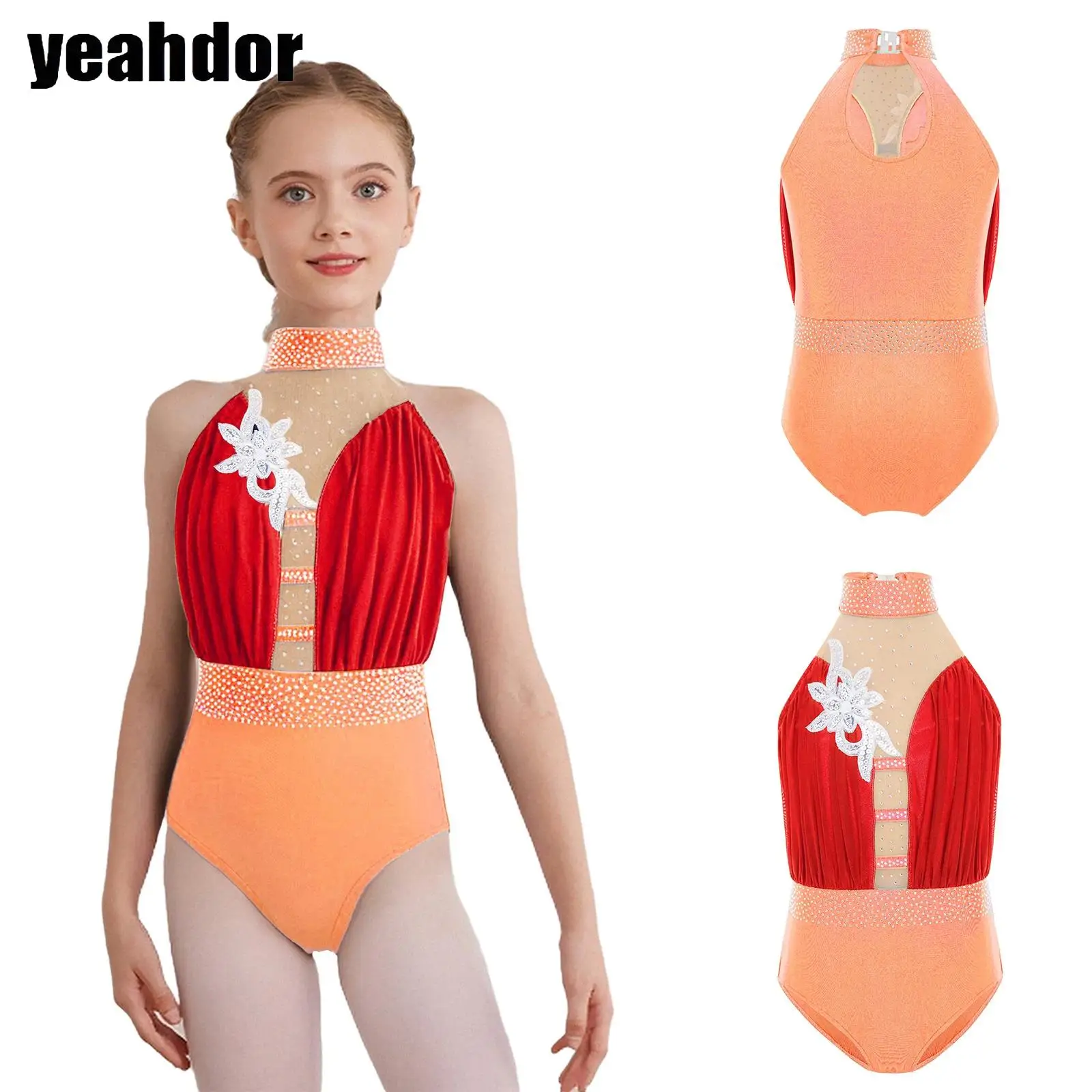 

Детский купальник для девочек с аппликацией для балета, гимнастики, танцев, без рукавов, прозрачная сетка, лоскутный комбинезон со стразами, танцевальная одежда для фигурного катания