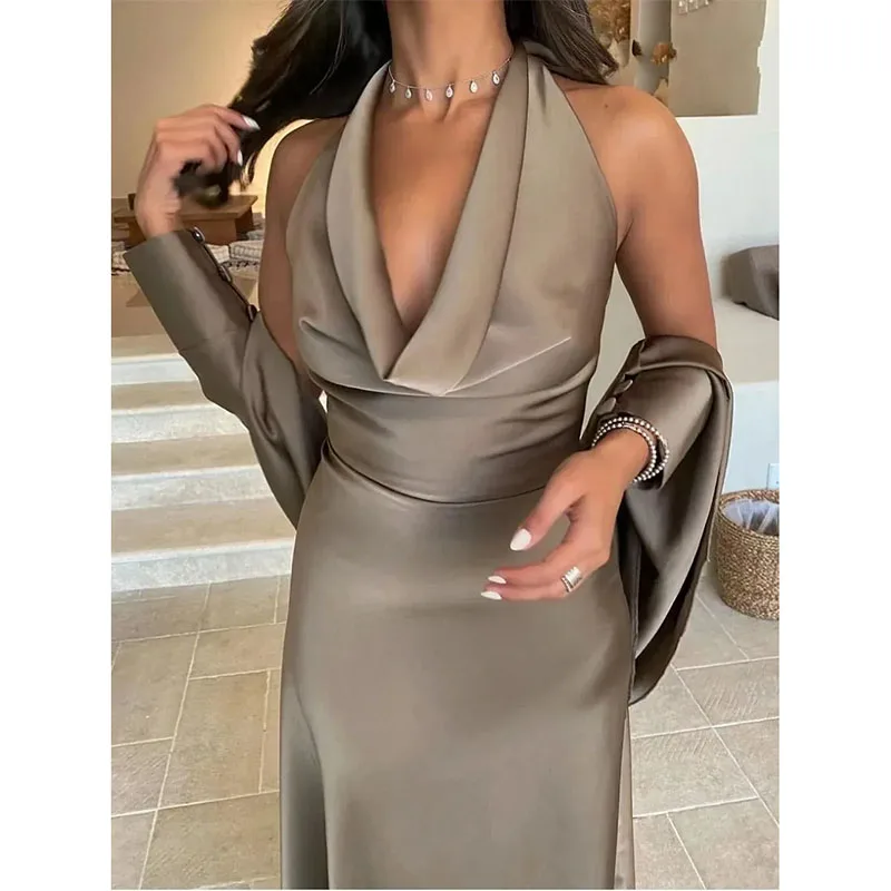 Sexy Gray Evening Dress 2024 V-Neck Ruffle Ribbon Bow Backless Women Prom Formal Gowns Custom Made Robe De Soiree