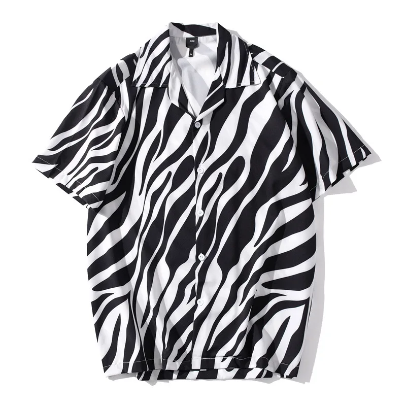 Black White Striped Printed Vintage Shirt New Summer Men Hawaiian Short Sleeve Shirt Mens Casual Beach Shirts Man Oversized Top