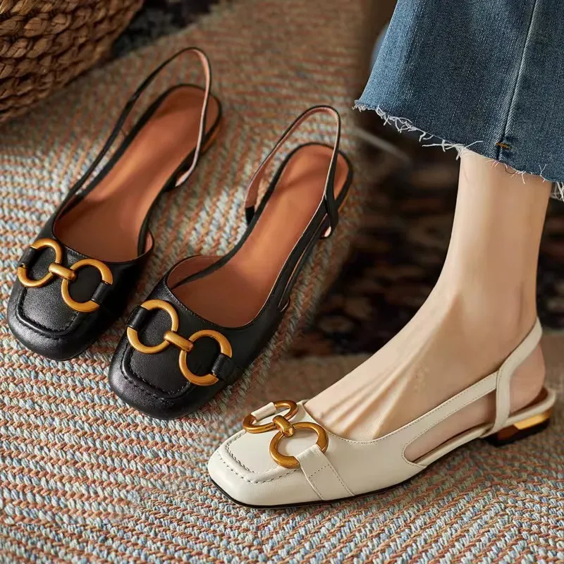 

2026 New Korean Style Soft Leather Retro Flat Square Toe Fairy Shoes Closed-Toe Sandals with Back Strap for Women, Chunky Heels