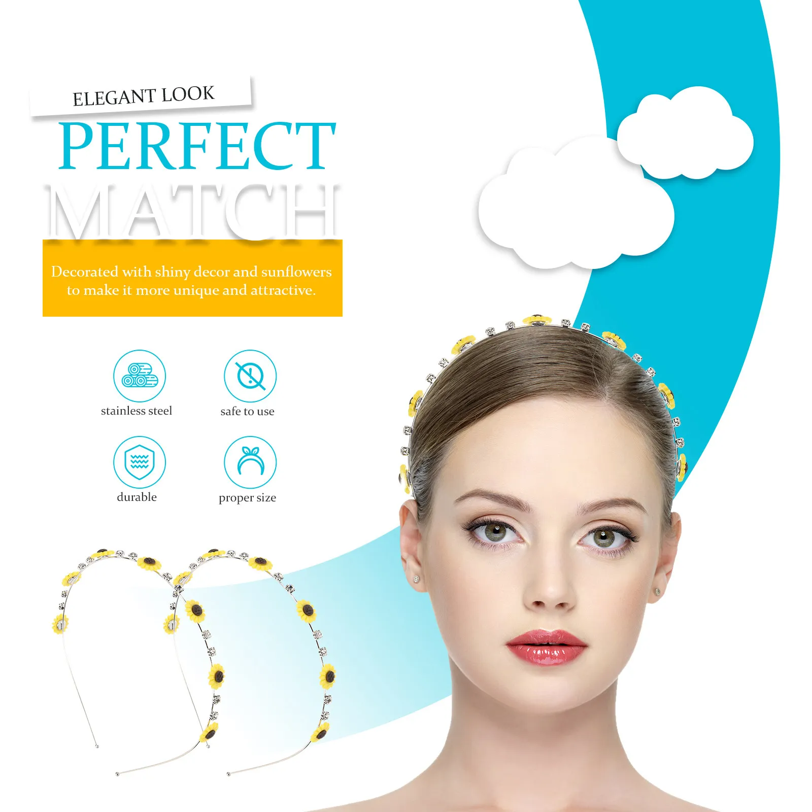 

2Pcs Sunflower Headband Women Lightweight Shiny Sunflower Hair Hoop Classic Elegant Decorative Headpiece for Stage Shows Clubs