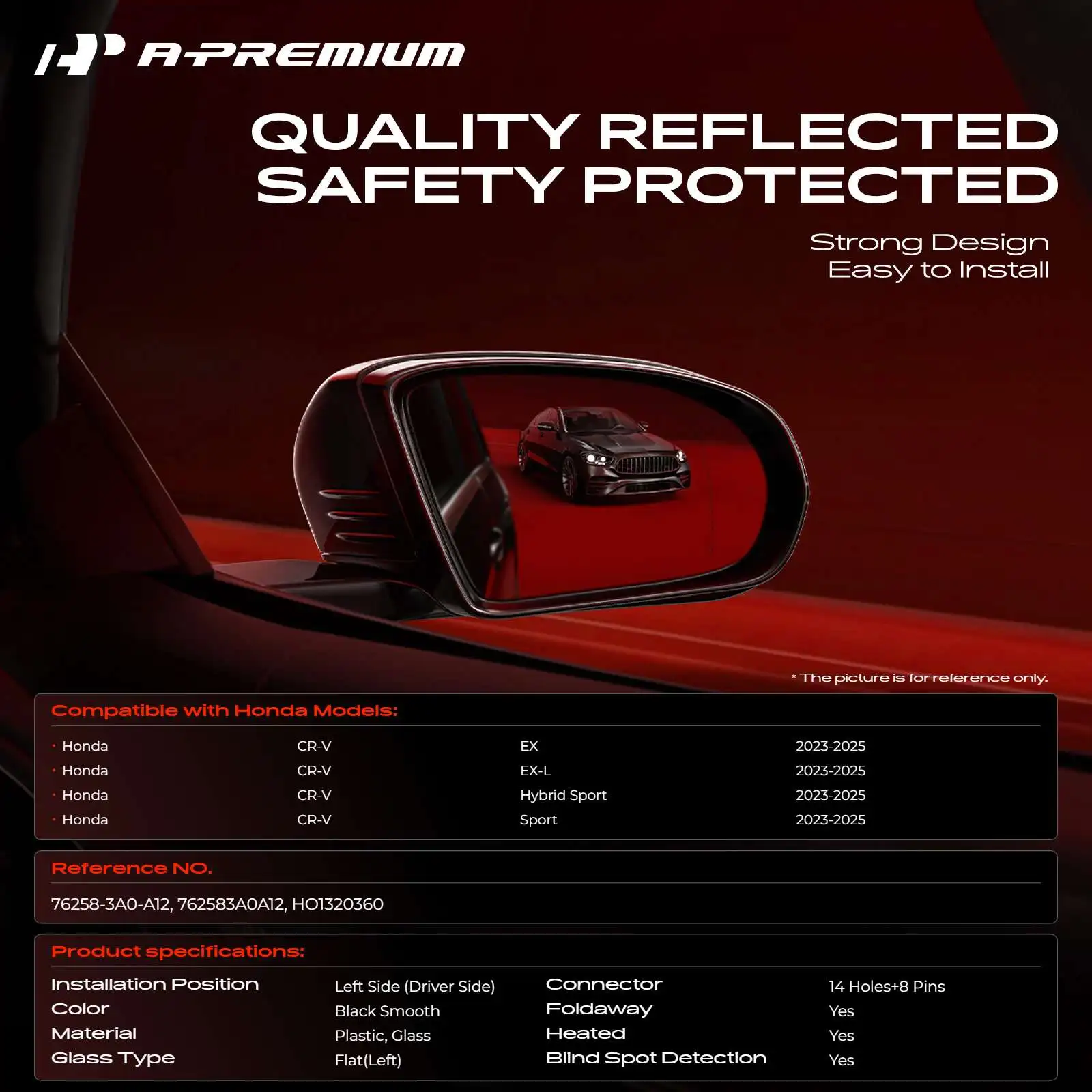 A-Premium Driver Side Power Door Mirror for Honda CR-V 2023-2025 Manual Folding Blind Spot Detection Turn Signal Light Heated