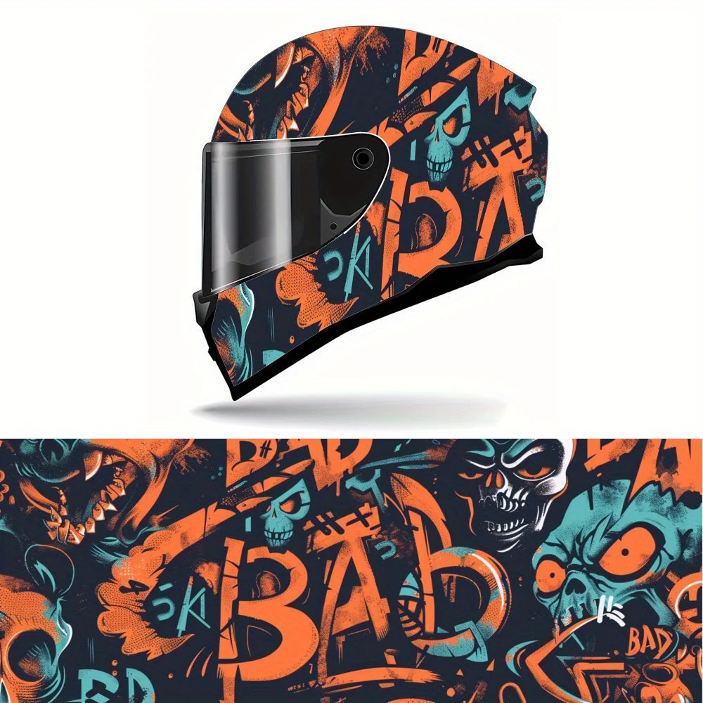 

Cool Orange Teal Skull Full Face Helmet Vinyl Wrap Sticker, Durable PVC Material, Artistic Aesthetic Graphic Decal for Motorcycl