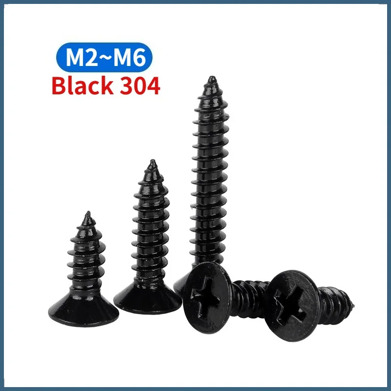 M2 M2.6 M3 M3.5 M4 M5 M6 Black 304 Stainless Steel Phillips Cross Recessed Flat Countersunk Head Self Tapping Wood Screw