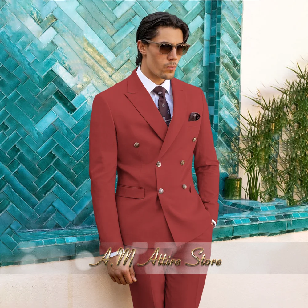 Terno masculino elegante de 2 peças, jaqueta bege com botões duplos, conjunto de calças para banquete de casamento, festa de ação de graças, smoking personalizado