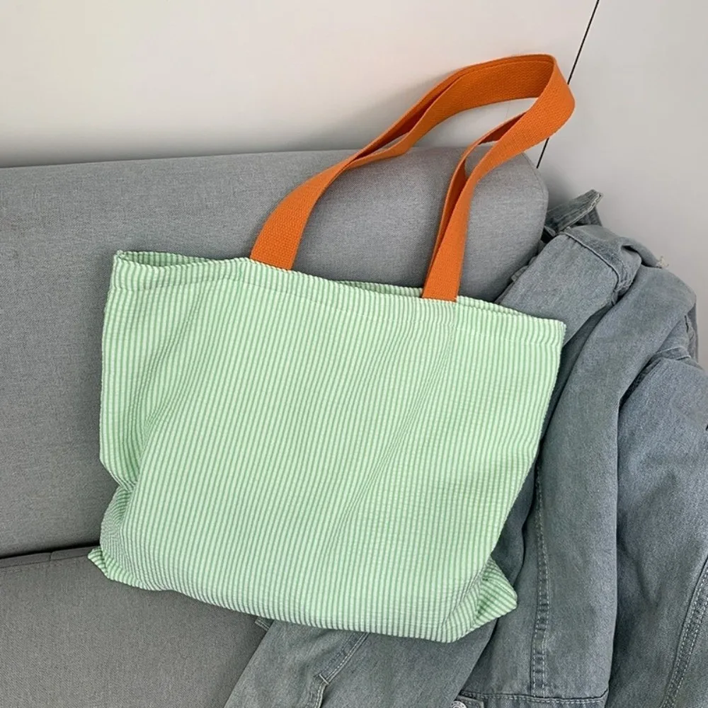 Stripe Contrast Color Canvas Shoulder Bag Simple Design Vintage Style Zipper Handbags Large Capacity Patchwork Shopping Bag