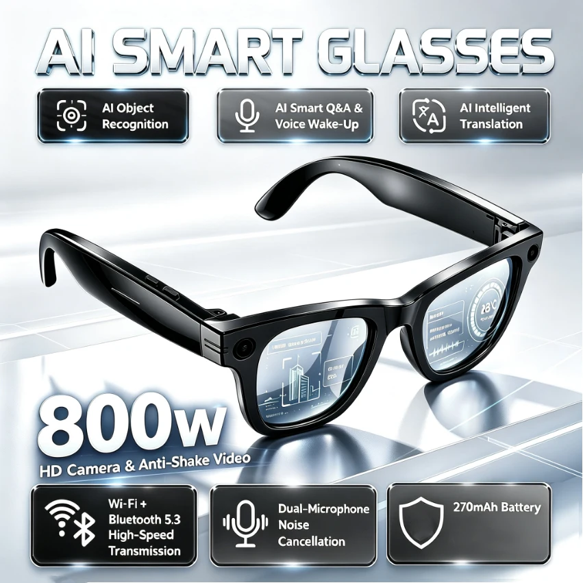 Smart Glasses with Video Intelligent Recognition 8MP HD Camera  Al Photo Object Recognition Al Intelligent Q&A Al Translation