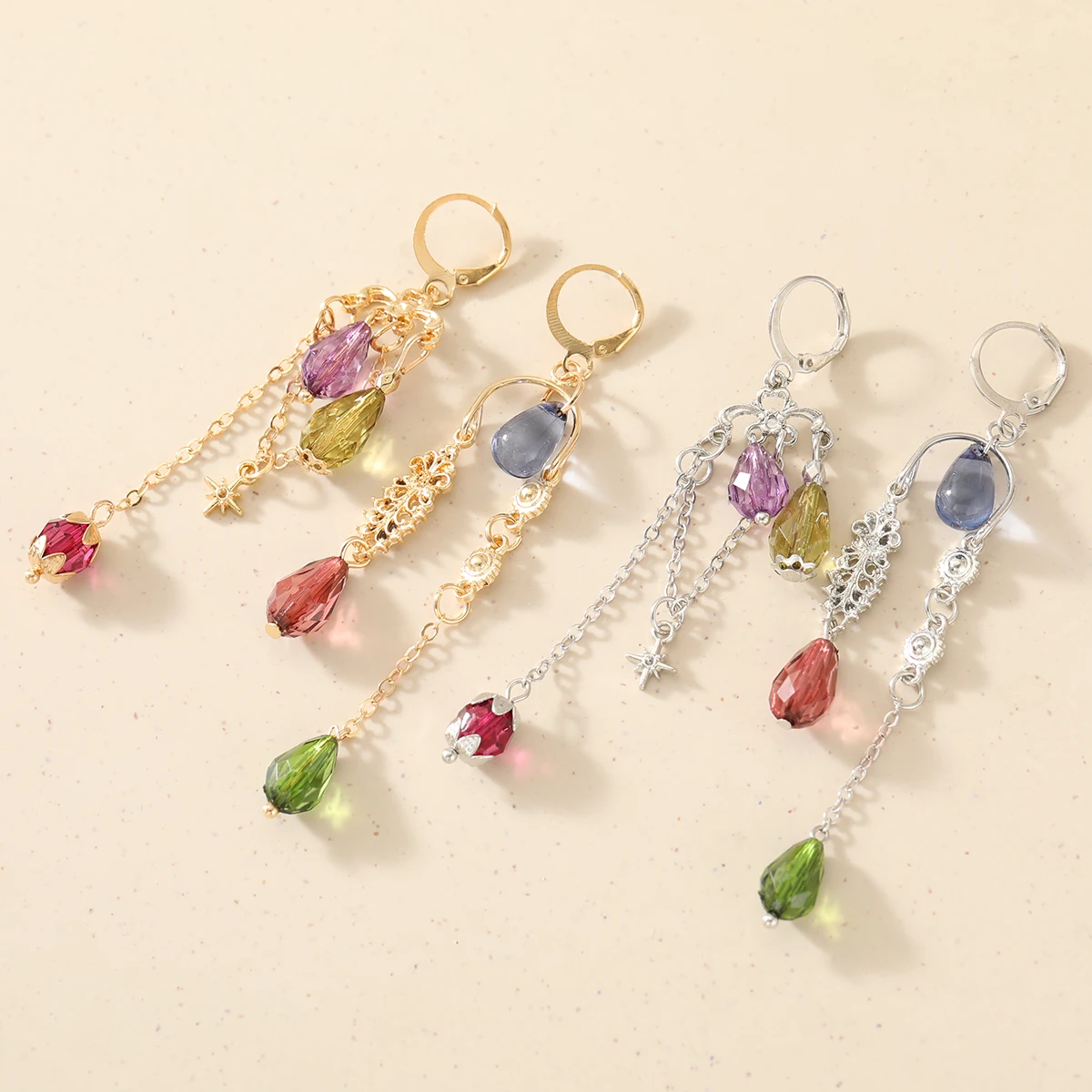 Bohemian Style Asymmetrical Multicolor Teardrop Artificial Gem Pendant Women's Earrings, Suitable for Banquet and Dinner