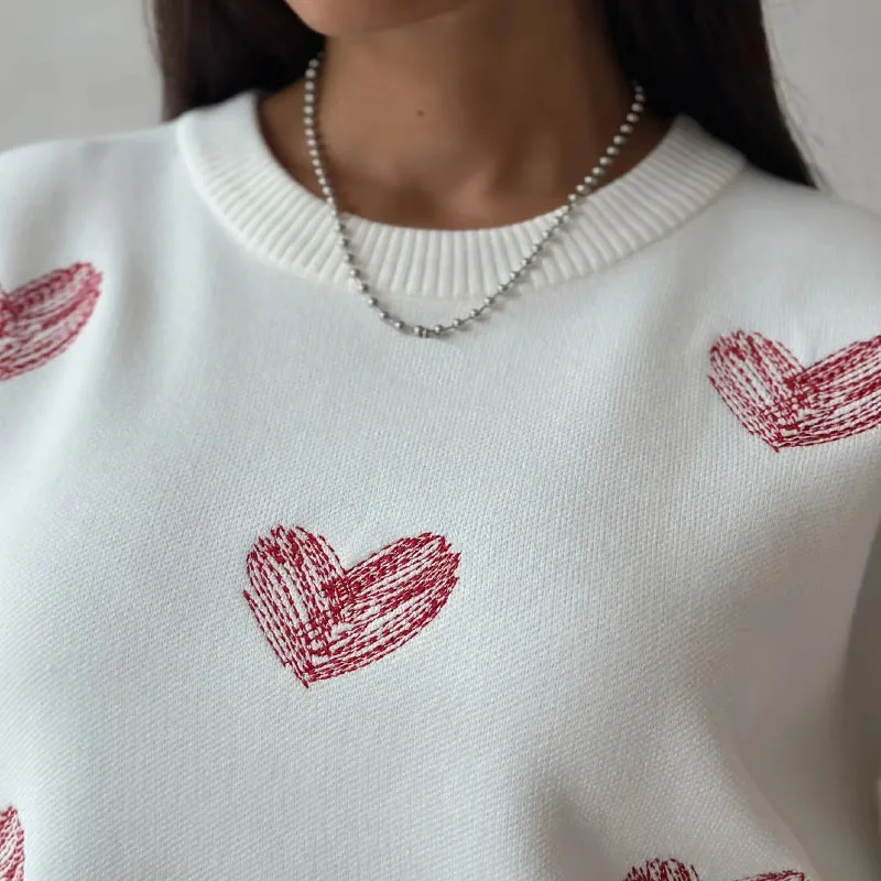 봄 가을 여성 라운드넥 긴팔 스웨터 여성 캐주얼 루즈 니트 풀오버 하트 프린트 탑 여성 시크 니트웨어