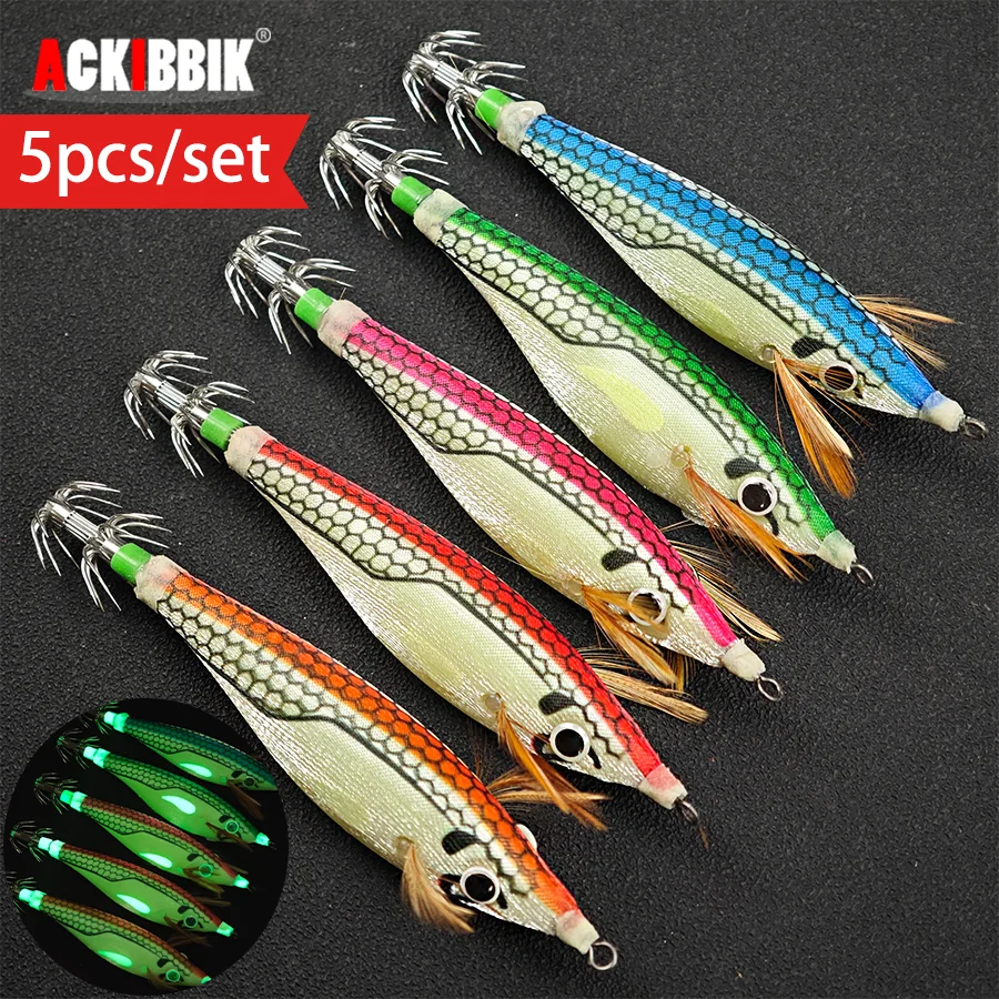 Ackibbik 5 stücke Leuchtende Horizontale Tintenfisch Jig Garnelen Köder Salzwasser Künstliche Harte Garnelen Köder Tintenfisch Angeln Zubehör