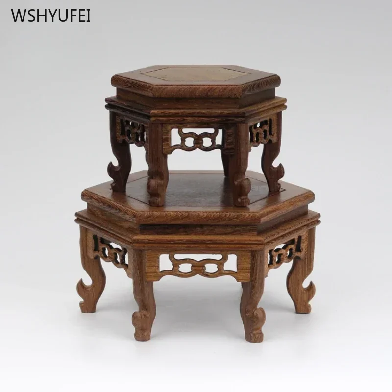 1 pc Solid wood hexagonal  base Tea set base Buddha statue altar living room Home decoration ornaments Wooden coffee table