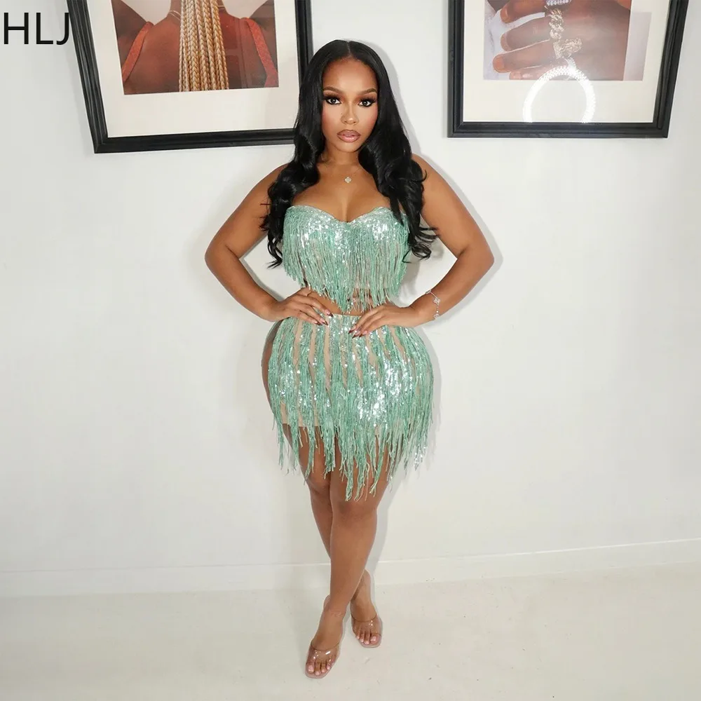 HLJ Fashion Tassel Patchwork Two Piece Outfits Woman Sleeveless Backless Crop Top and Skirt Matching Female Streetwear Clothing