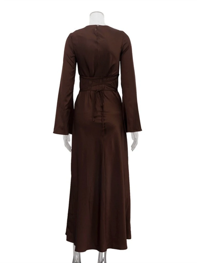 Fdyoui elegante o pescoço manga longa rendas marrom festa vestido de noite feminino túnicas de cintura alta bandagem magro cetim vestidos longos