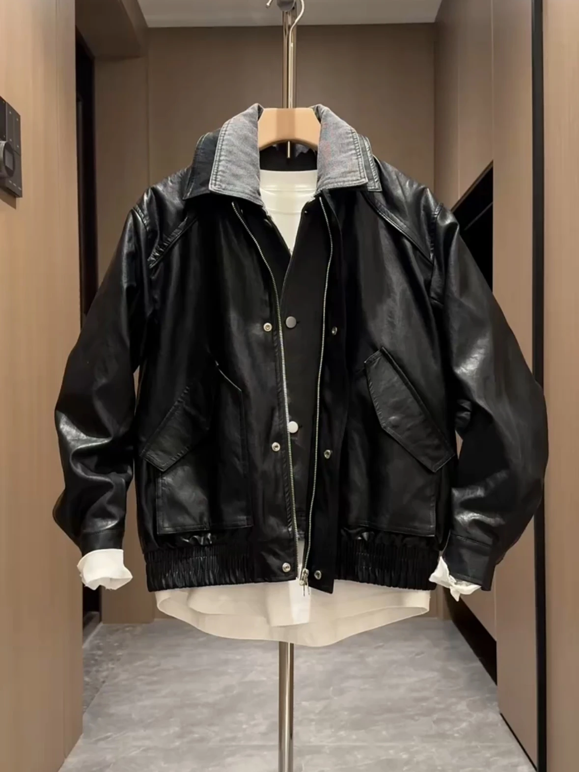 

American Sle Retro Biker Jaet Men's Double Layer Collar Design Leather Coat Autumn New Arrival Youth Vitali Casual Faion